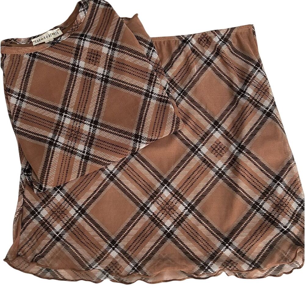 NWT Crown of Hearts Long Sleeve Girl’s 2pc Floral Brown Plaid Skirt set- Small